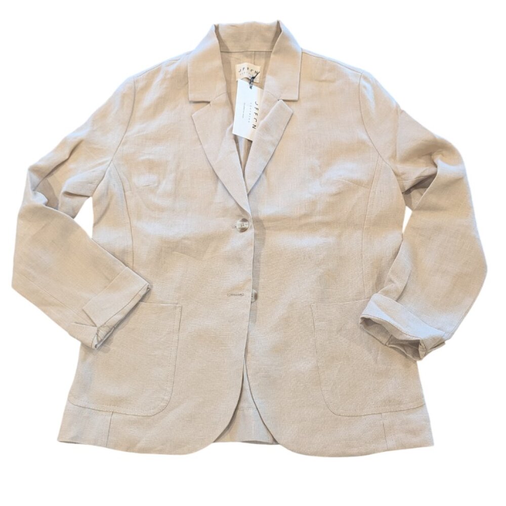 OFFON Clothing 100% Linen Blazer Medium Tan Beige Ethically Made in Lithuania